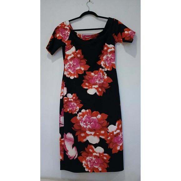 Bisou Bisou Black Floral Retro 90s Vibe Pencil Dress Sz 12 Off Shoulder Back Zip - Picture 3 of 11